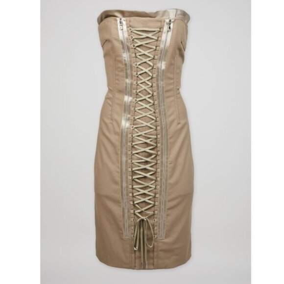 Dolce & Gabbana Y2K Vintage 2003 Khaki Lace Up Corset Dress Sz IT 44 (US 8) S/S